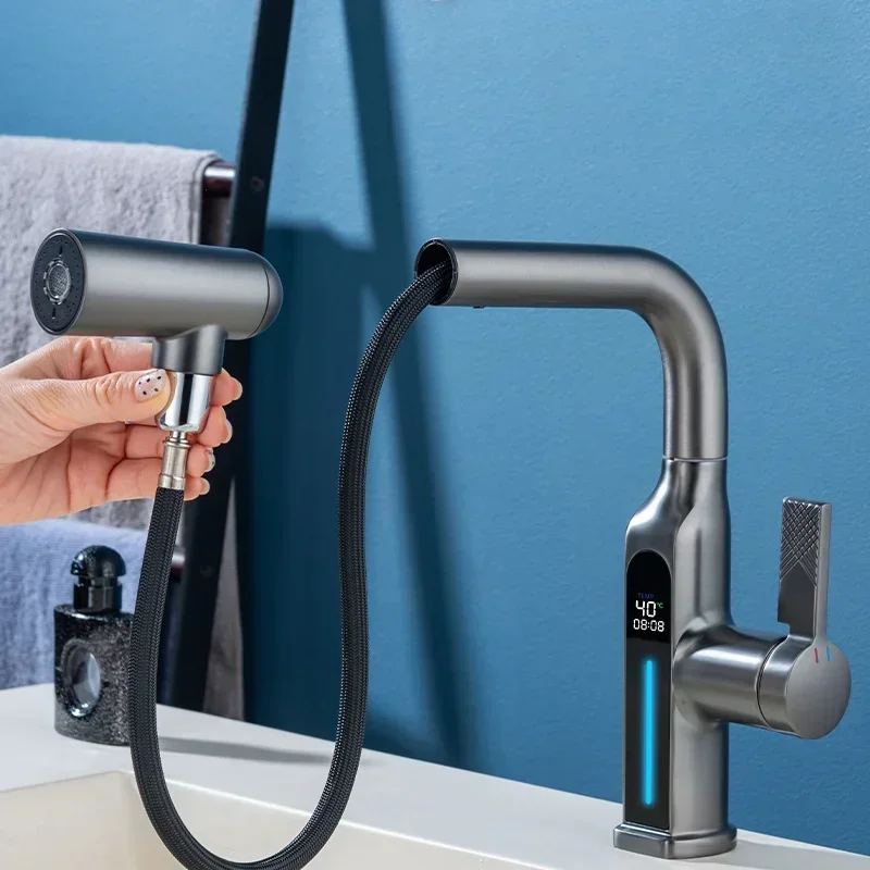 Bathroom sink faucet LED display temperature silver multifunctional pull-out faucet