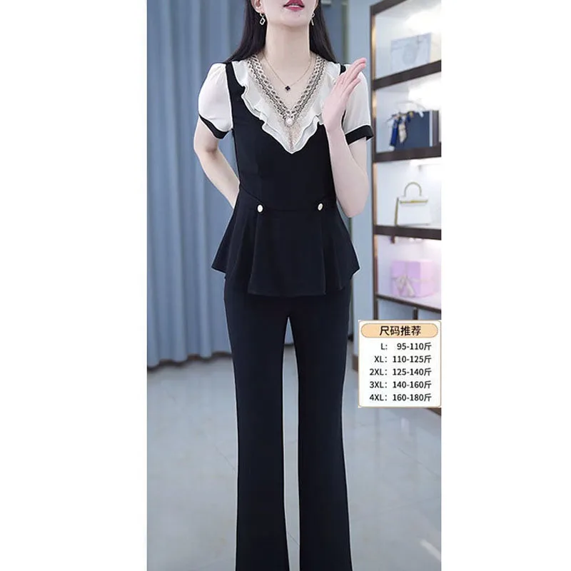 Summer New Simple Fashion Commuter Trousers Black Two Piece Set Elegant Office Lady Ruffles V-Neck Beading Short Sleeve Shirt