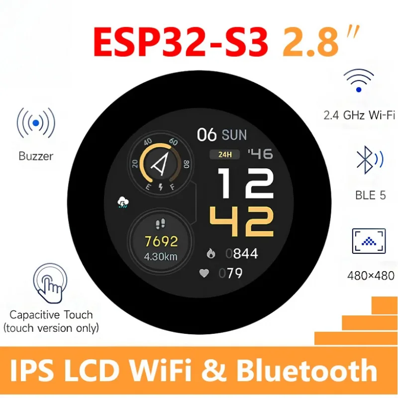 

Waveshare ESP32-S3 2,8-дюймовая круглая сенсорная плата дев | 480x480 IPS, двухъядерный процессор 240 МГц и 6-осевой QMI8658C для промышленного IoT/HMI