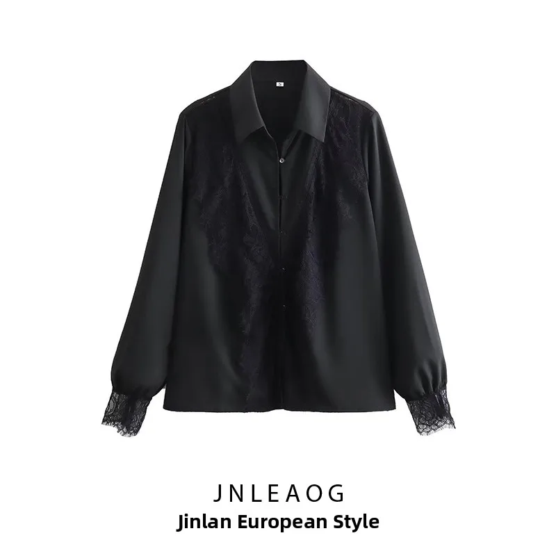 

Faionable Street Sle Women's irt Lace Patchwork Casual Versatile Bla irt Autumn New Arrival Polyester Long Sve