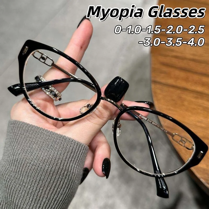 

Advanced Retro Cat Eye Frame Myopic Glasses INS Style Luxury Designer Lenses Metal Anti-Blue Light Eyeglasses 0 To -4.0