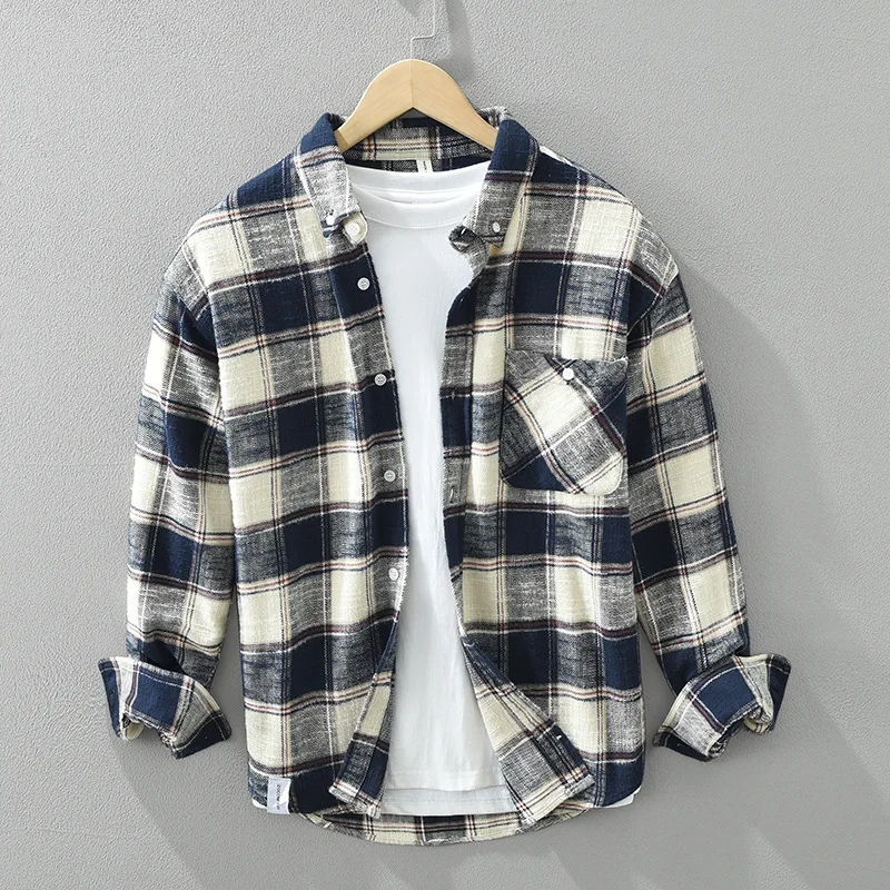 

Japan Style 100% Cotton Check Shirts for Men 2024 Spring Autumn Fashion Casual Loose Blouse for Youth Male Handsome Cool Coats