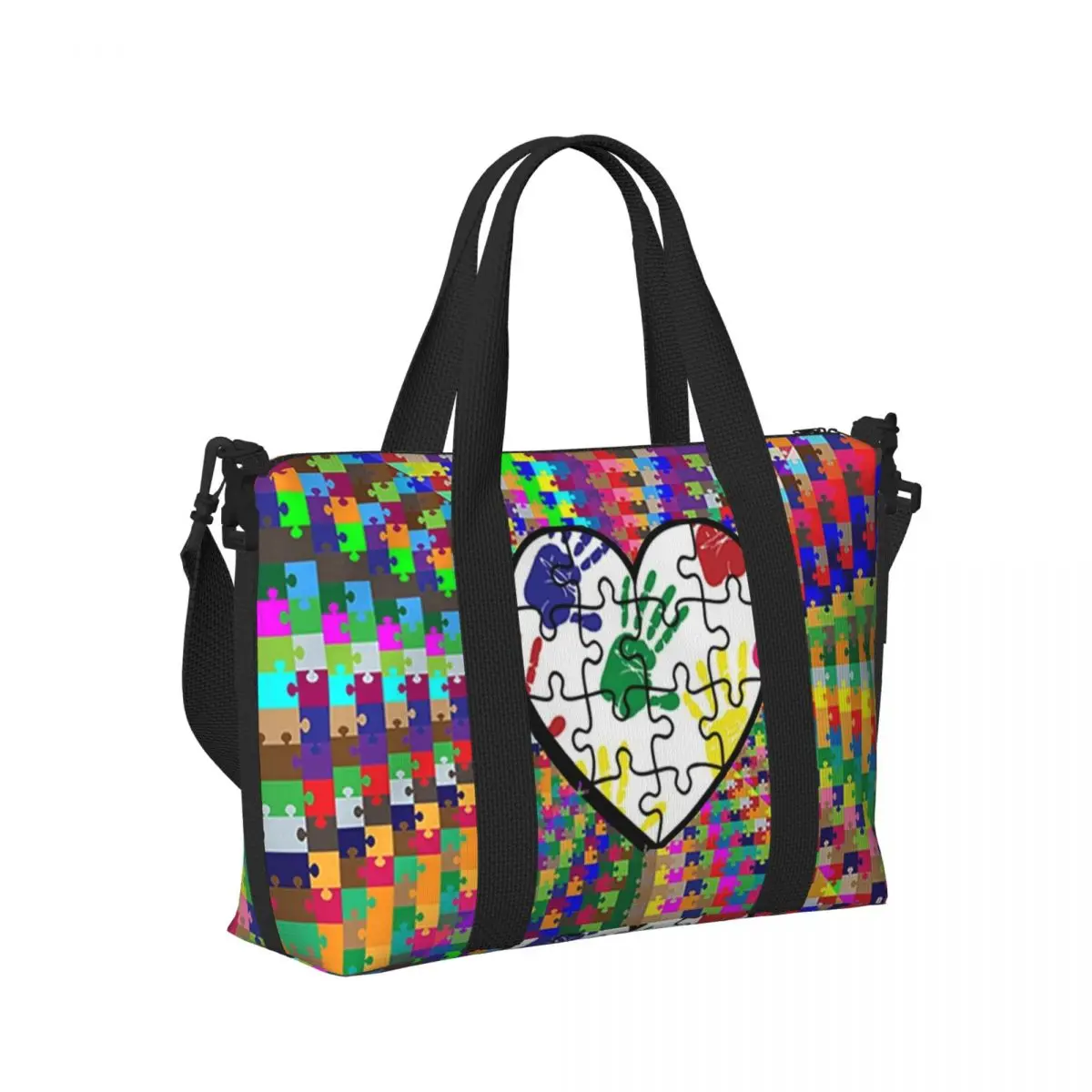

Autism Awareness And Support Puzzle Pieces Heart Beach Travel Bag Tote Bags for Gym Sport Women Shopping Duffle Shoulder Bag