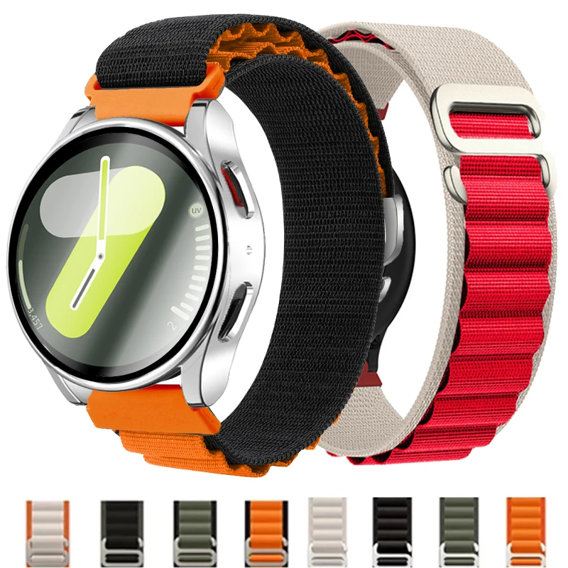 Gehärtetes Glasgehäuse, Nylon-Schlaufenarmband für Samsung Galaxy Watch 7, 6, 5, 4, 40 mm, 44 mm, harte PC-Abdeckung, 20 mm, Sportband, Armband, Correa