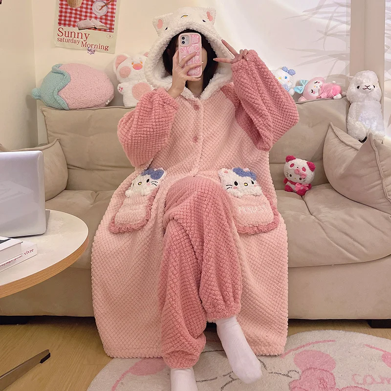 Sanrios أنيمي الشتاء Homewear Kuromi المرأة ثوب النوم مجموعة سميكة المرجان المخملية طويلة الأكمام الدافئة مقنعين منامة Kawaii الكرتون #5