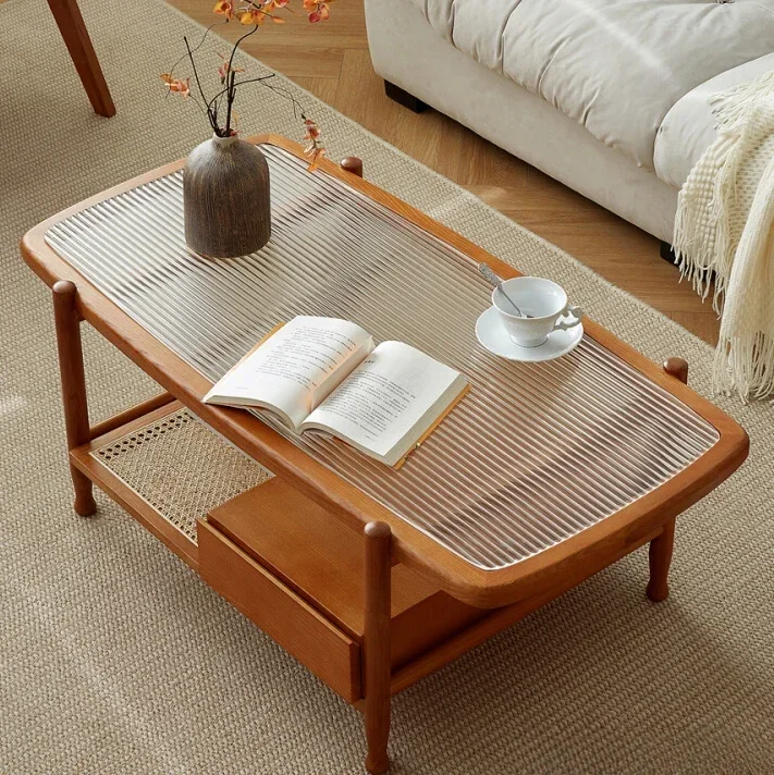 Square Coffee Table Solid Wood Living Room Home Rattan Leisure Changhong Glass Simple Small Apartment