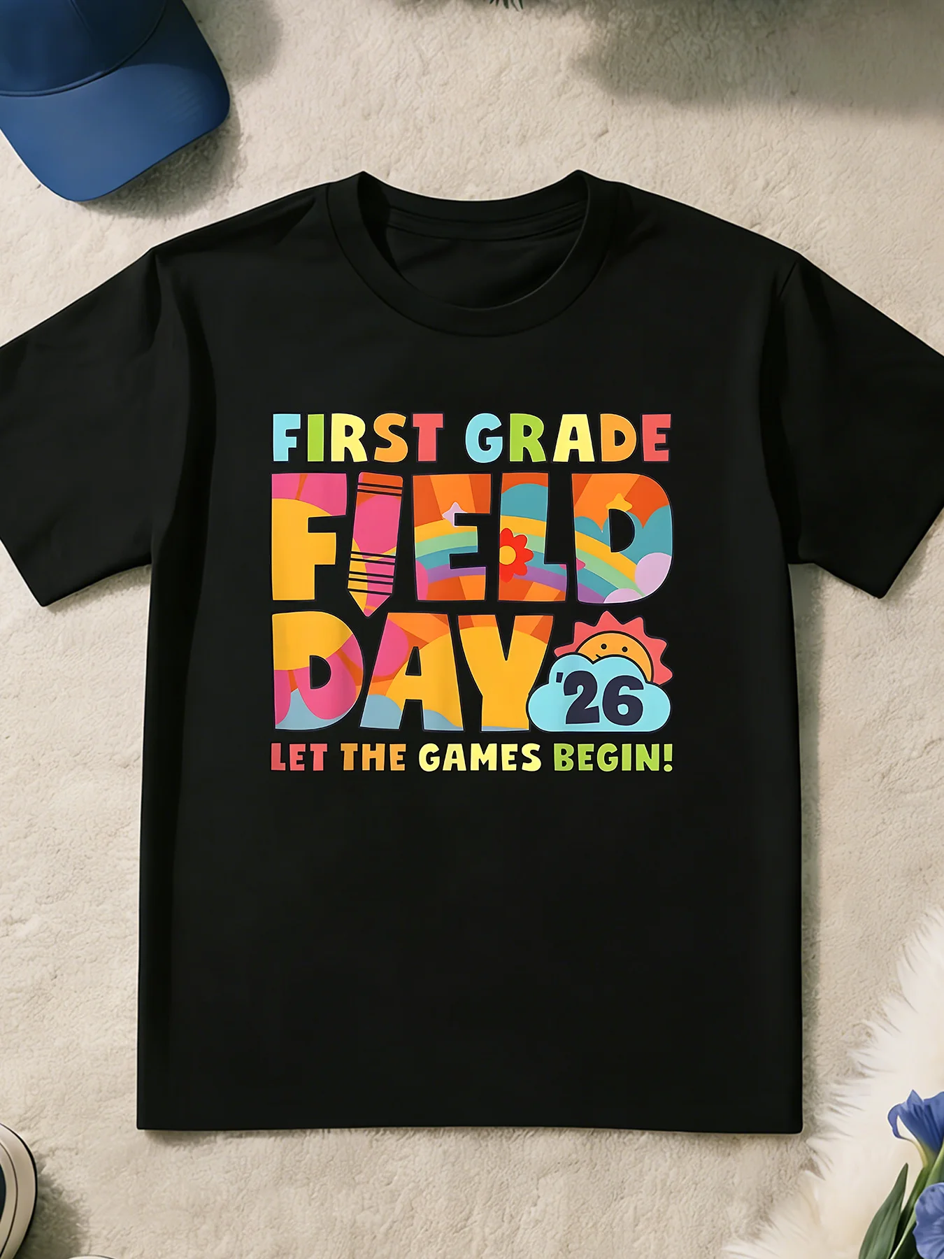 Rainbow Sun First Grade Field Day Graphic T Shirt Boys Girls Activity Short Sleeve Tee Family Matching Kids Casual Cotton Tops