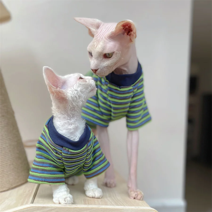 Fashion Clothing for Sphynx Cat in Summer Green Striped Cotton Pajamas for Kittens Soft Polo T-shirt for Male Cat Devon Rex Coat