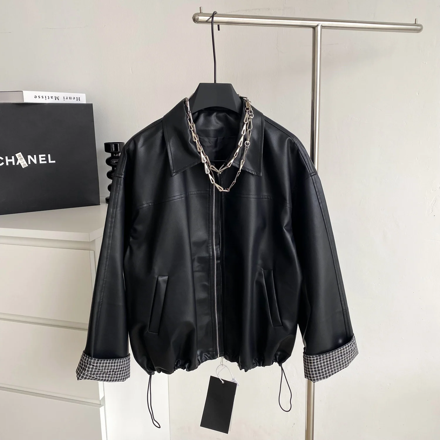 Retro Plaid Splicing Leather Jacket Women's Autumn Winter Turn Down Collar Loose Zipper PU Coats Drawstring Motorcycle Outerwear