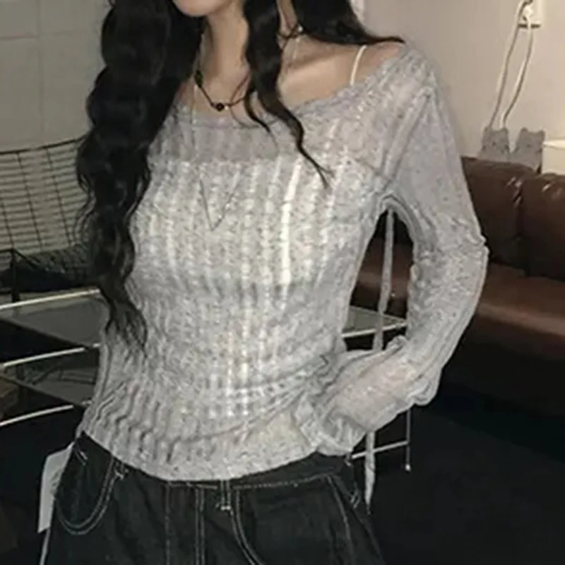 

Vintage Hollow-out Sexy Slim Knitted Long-sleeved T-shirt Women 2025 Autumn New High Street Strapless Solid Color All-match Tops