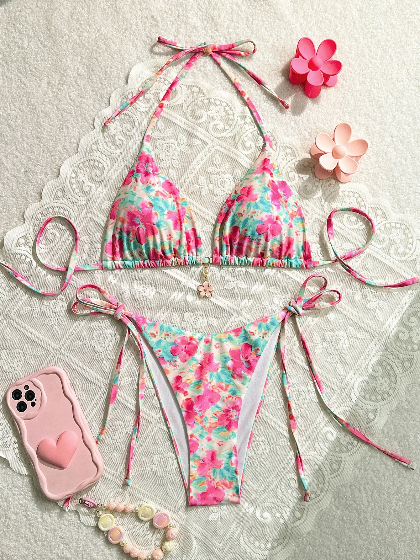 2025 New Women's Bikini Set Pink Floral Print 2 Piece Swimsuit Sexy Triangle Push Up Halter Backless Swimwear Beach Bathing Suit