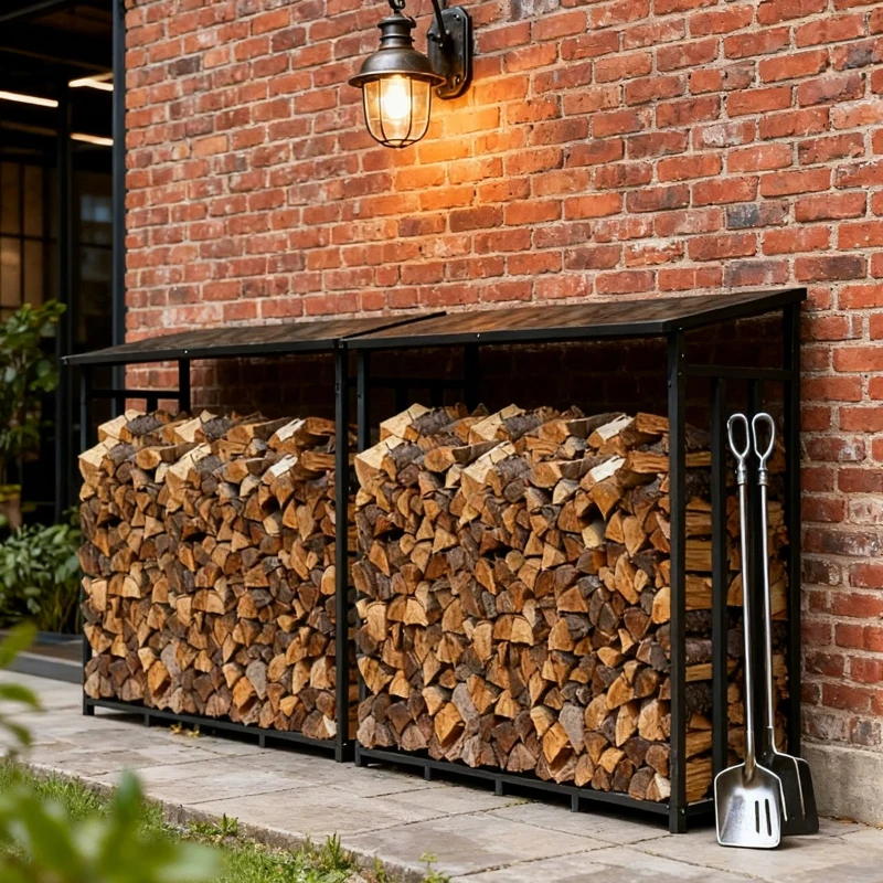C69 simple outdoor with canopy black wrought iron firewood rack large storage rack fireplace firewood storage