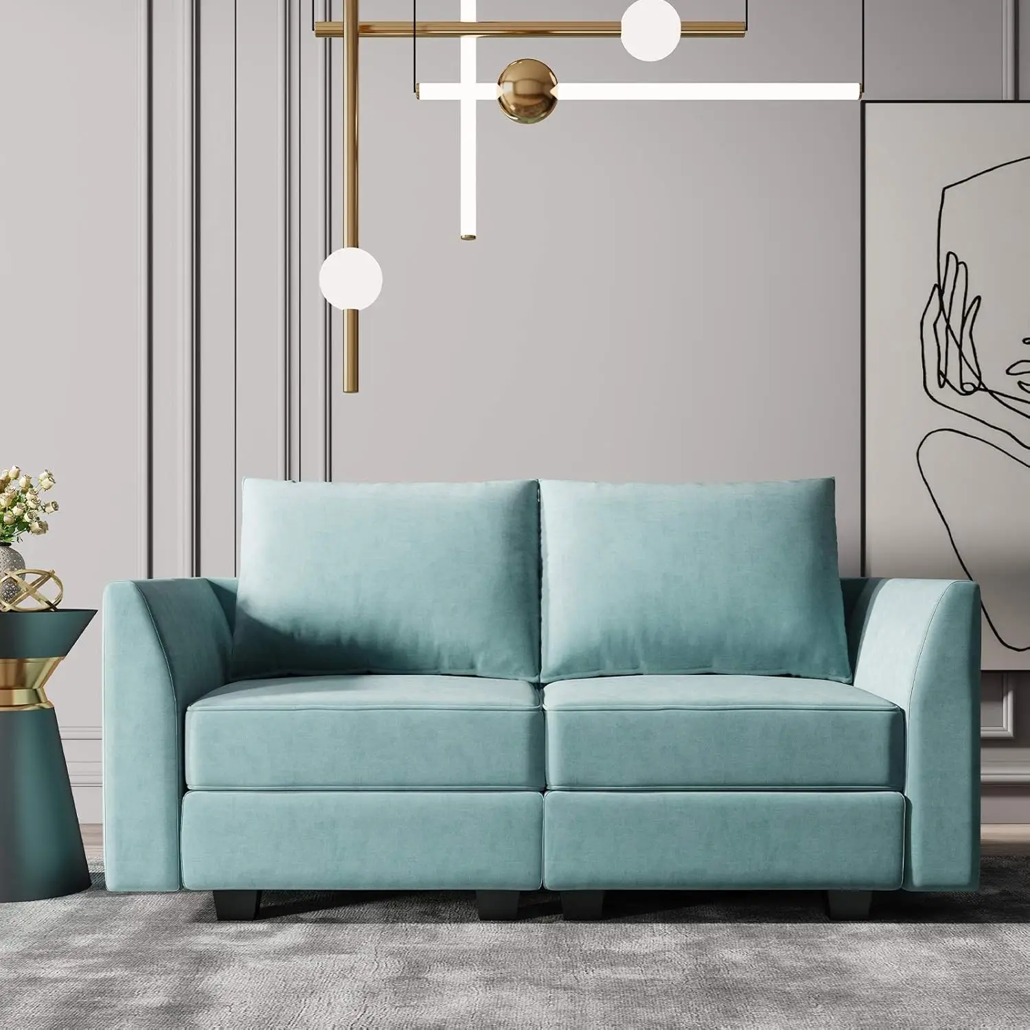 Fabric Modular Sofa Modern 2-Seater Couch Modular Sectional Loveseat For Small Space, Aqua Blue