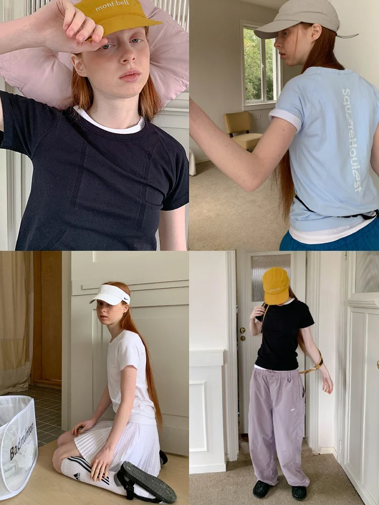 Quick Dry Fitness T-Shirt Women's Slim Short Sleeve round Neck Running Yoga Sportswear Breathable Summer Square Houlest