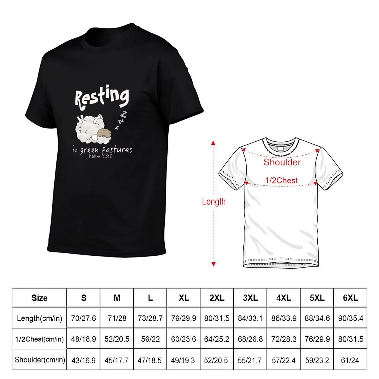 Christian Design - Sheep Resting in Green Pasture Psalm 23 T-Shirt Lightweight Basic Short Sleeve Shirt