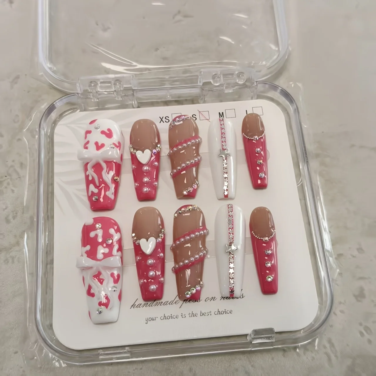 

10 штук трапециевидных розовых накладных ногтей ручной работы, с жемчужным блеском, в форме бриллиантового сердца, с бантом-звездой, полный комплект накладных ногтей.