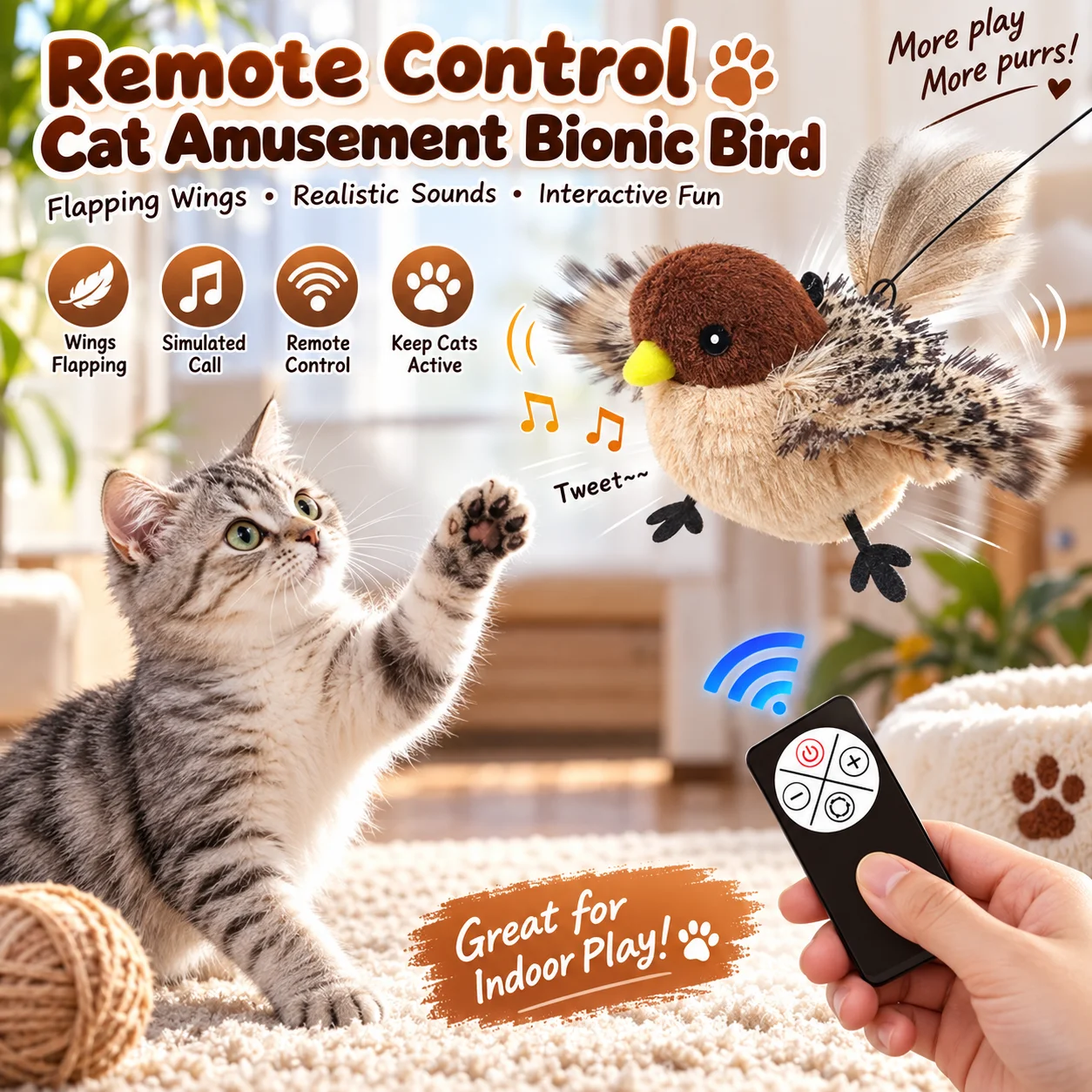 Interactive Flapping Bird Cat Toy, Remote Control USB Rechargeable Plush Pet Toy, Electric Cat Teaser for Indoor Play