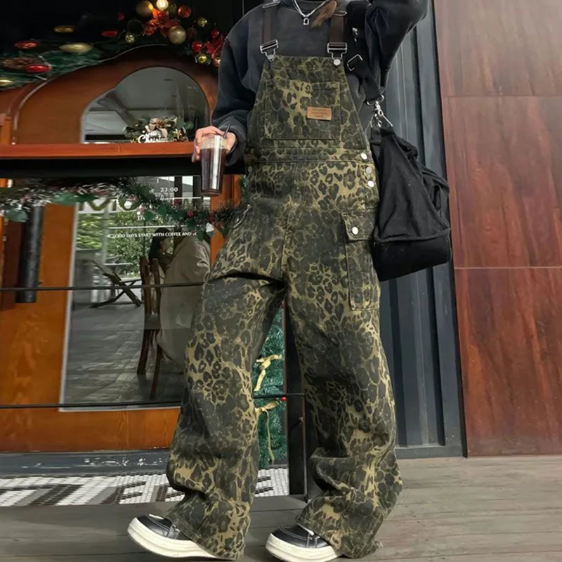 Meisjes chique hoge taille jumpsuit jeans dame vintage mode overalls broek vrouwelijke baggy luipaard wijde pijpen denim broek