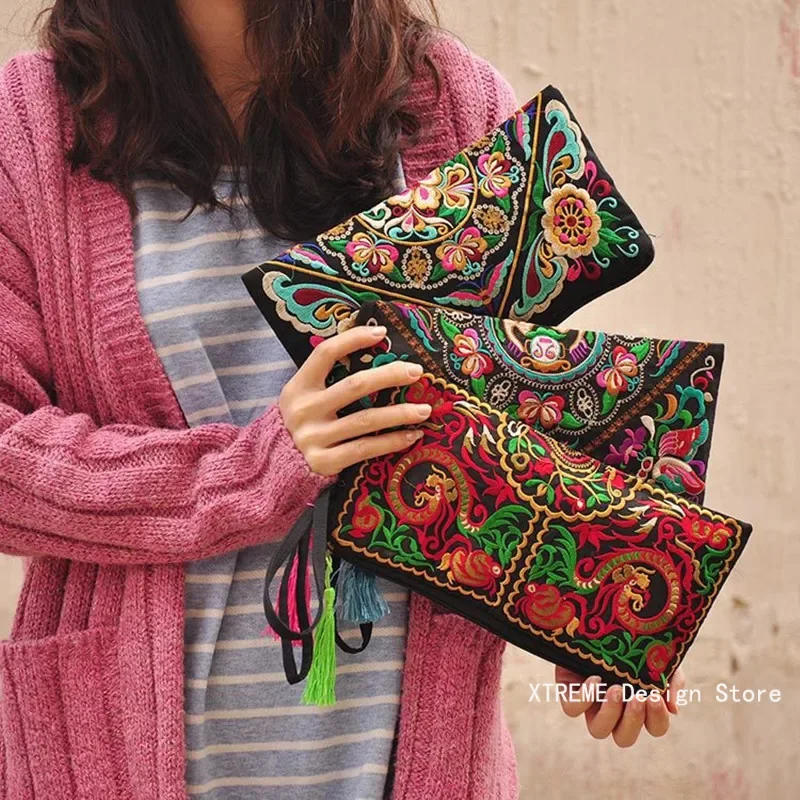 Bolso de mano de mariposa Retro étnico para mujer, monedero bordado, borla de embrague, solapa pequeña, venta de verano