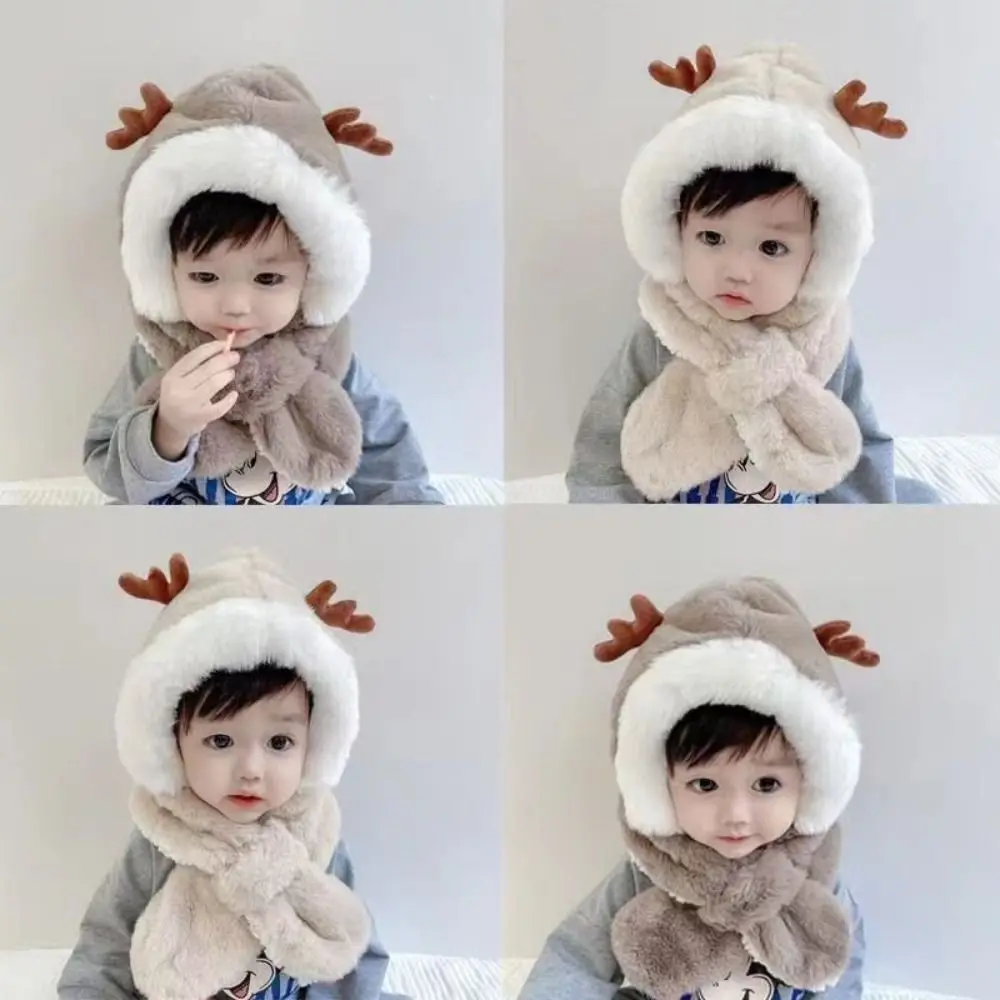 Fashion Cartoon Kids Integrated Cap Scarf Plush Windproof Baby Hat With Scarf Soft Thickening Ear Protection Cap Autumn Winter