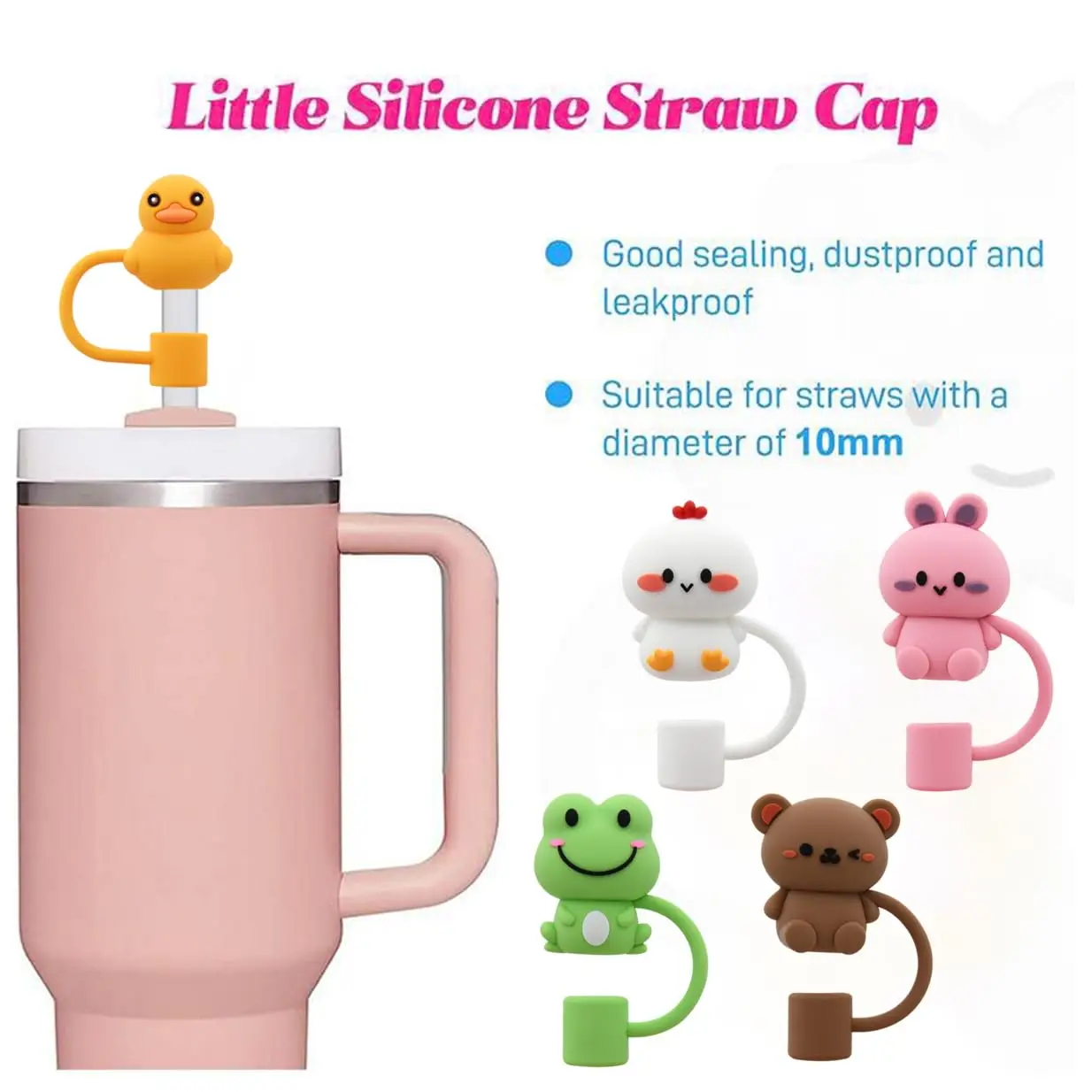 Tampa de Palha para Copa Stanley, Reutilizável, Topper de Silicone, Compatível, 10mm, 30 oz, 40 oz, Tumbler with Handle Tips, Lids, Cute, 5 peças