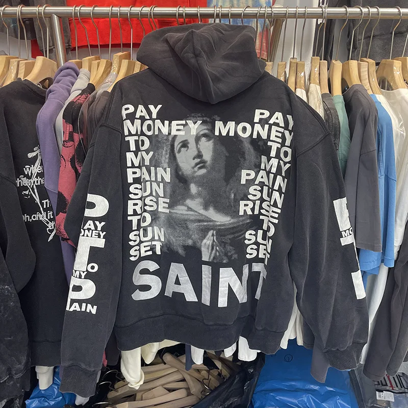 Heavy Fabric Cotton Oversized Saint Hoodie Hooded Men Women Vintage Washed Black Banknote Graphics Printing Pullovers With Tag