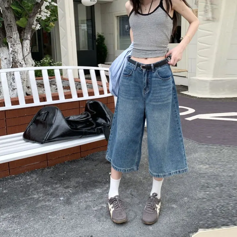 Summer Women Pant Loose Plus Size Straight Pant Lady Retro Wide Leg Cropped Jeans Girl New StylePear Shaped Figure Hide Body Fat