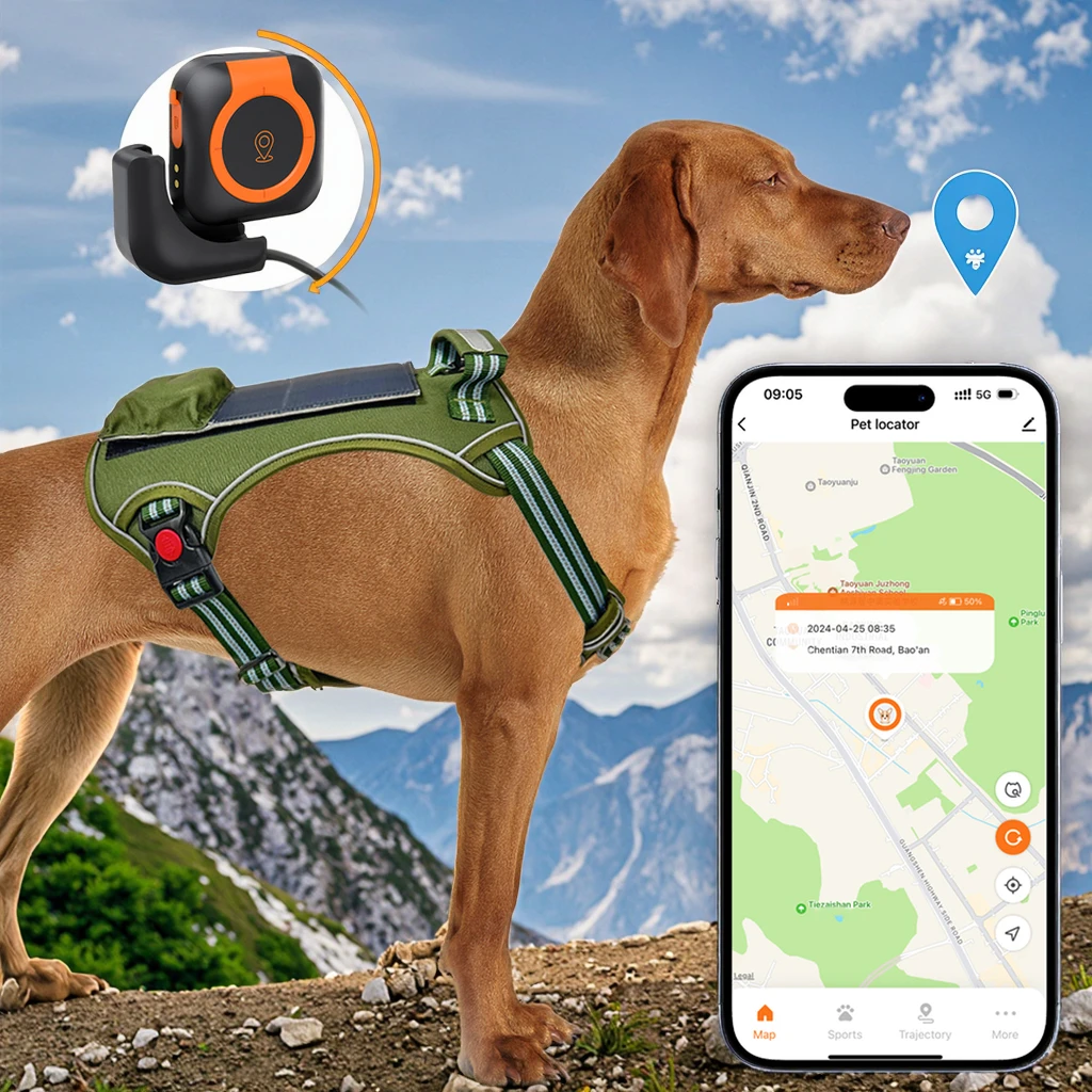 Solar-Powered Rechargeable Pet GPS Locator with 4G Technology and Nylon Collar
