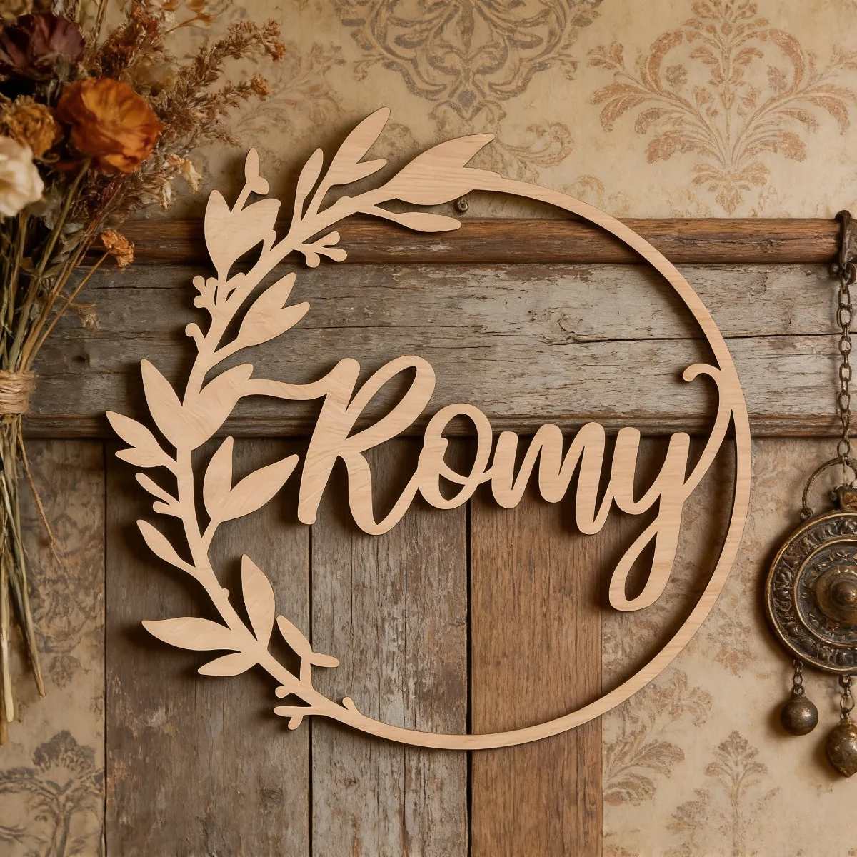 Personalized Wreath Circle Leaf Wooden Name Plaque, Wall Hanging Decor, Wedding Bedroom Home Wall Decoration Birthday Gift
