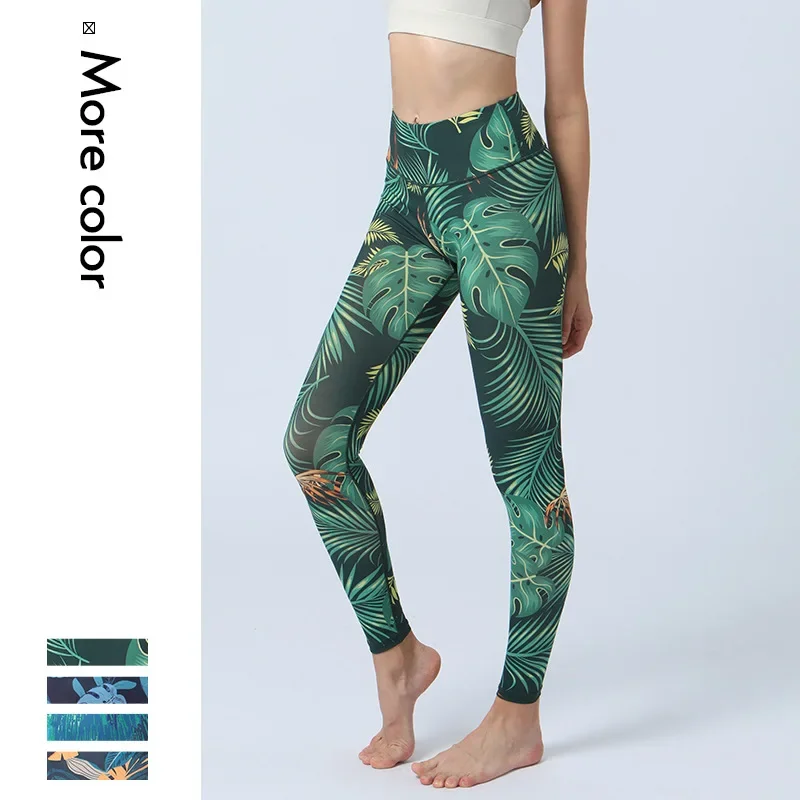 

New yoga pants bottom color cloth printed leggings tight height waist lift hip sports fitness pants