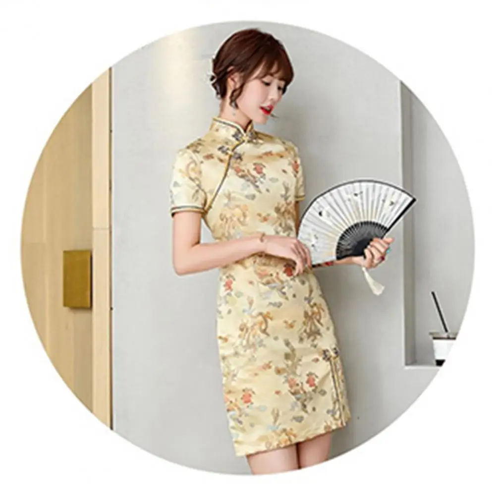 Short-sleeve Cheongsam Elegant Dragon Phoenix Print Cheongsam Dress for Women Slim Fit Retro Chinese Style Qipao for Wedding