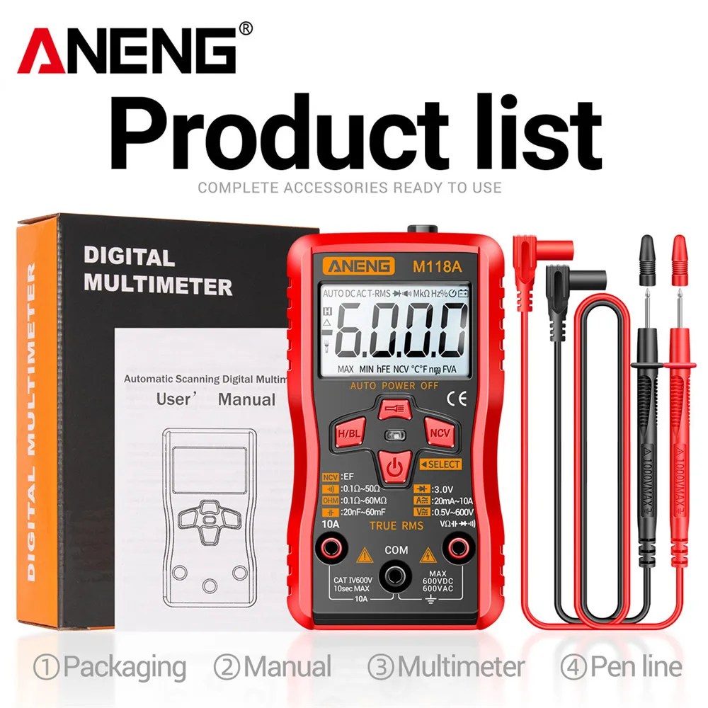 ANENG M118A Digital Mini Multimeter Tester 6000counts Auto Mmultimetro True Rms Tranistor Meter with NCV Data Hold Flashlight