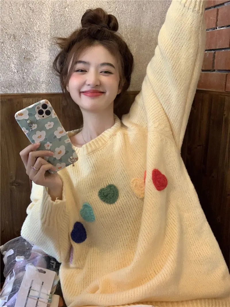 Lazy Style Three-dimensional Colorful Heart-shaped Round Neck Sweater for Women Latest Gentle Sweet and Loose Knit Sweater