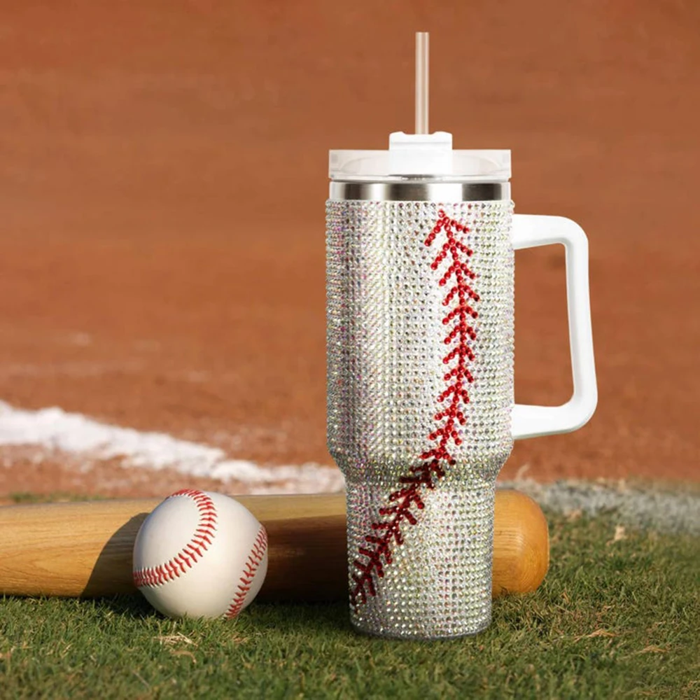 Vaso de pelota deportiva con número de nombre personalizado, taza brillante de 40oz con asa y pajita, regalo para fanáticos y jugadores de los deportes del día del juego