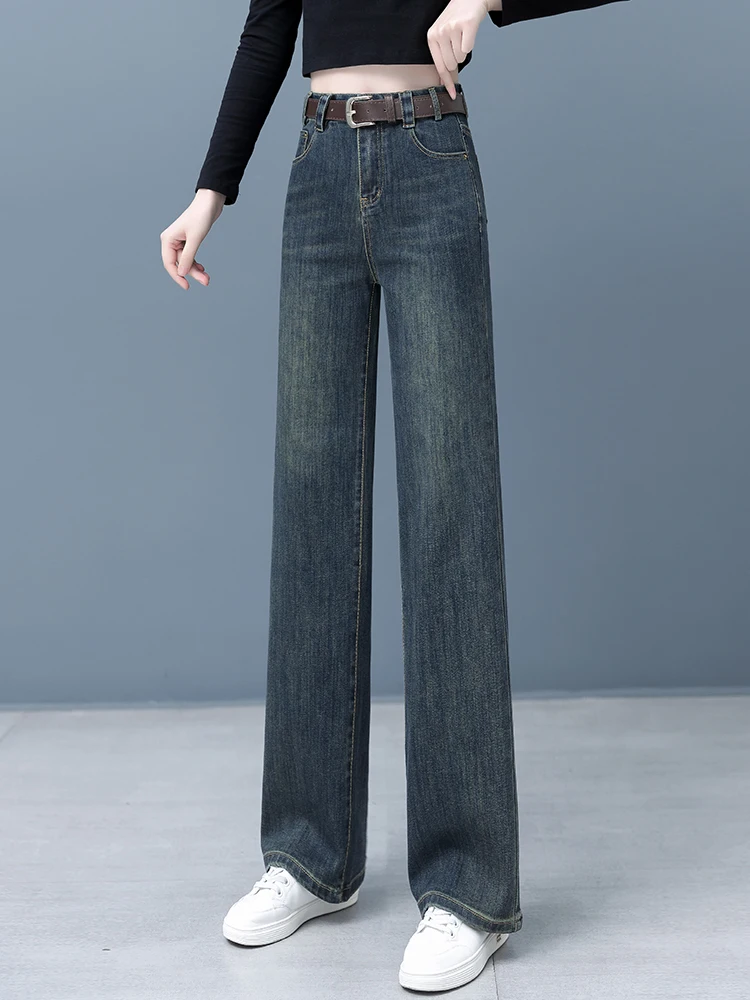 

Джинсы женские с высокой талией, прямые, на флисовой подкладке, облегающие, широкие штанины, цвет цементно-серый, весна-осень-зима, новый стиль