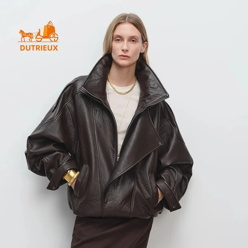 Giacca invernale in pelle con colletto a doppio strato in pelle di agnello da donna, cappotto in pelle confortevole con temperamento resistente al 100% vera pelle di pecora,