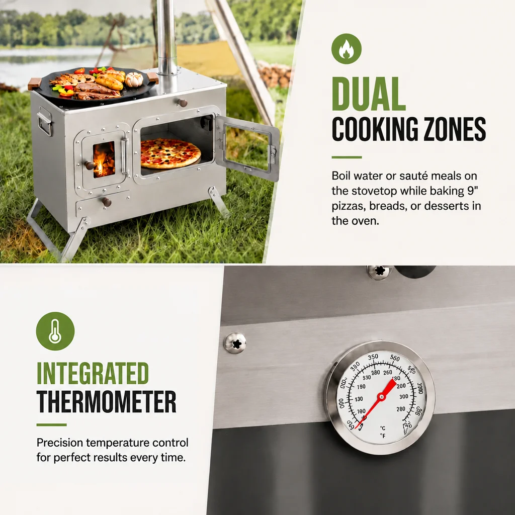 Portable Camping Wood Stove with Oven & Chimney, Stainless Steel Outdoor Stove for Cooking Heating, Tent Stove for Hiking Picnic