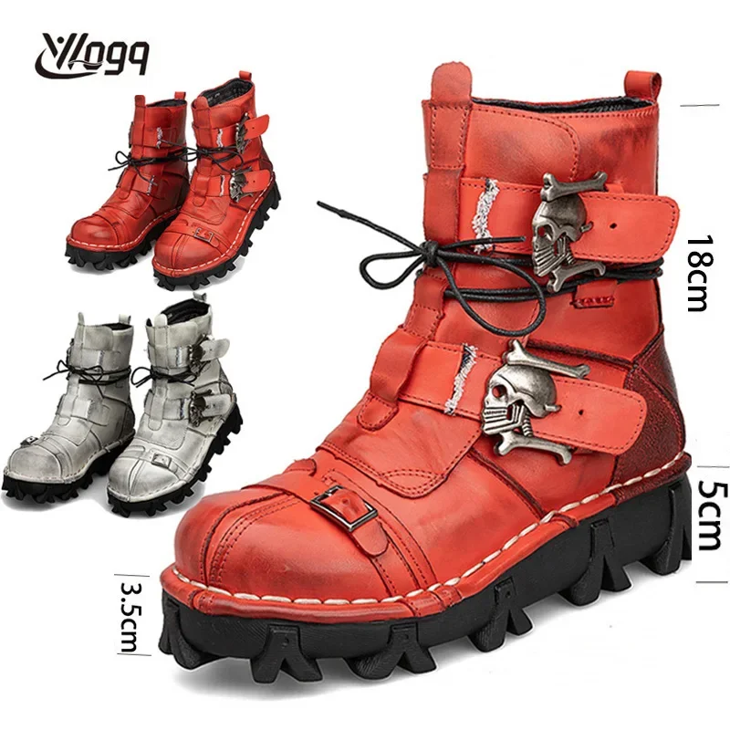 

Fashion Men's Motorcycle Boots Casual Mid-Calf Punk Skull Riding Boots Buckle Strap Western Cowboy Boots Winter Warm Red