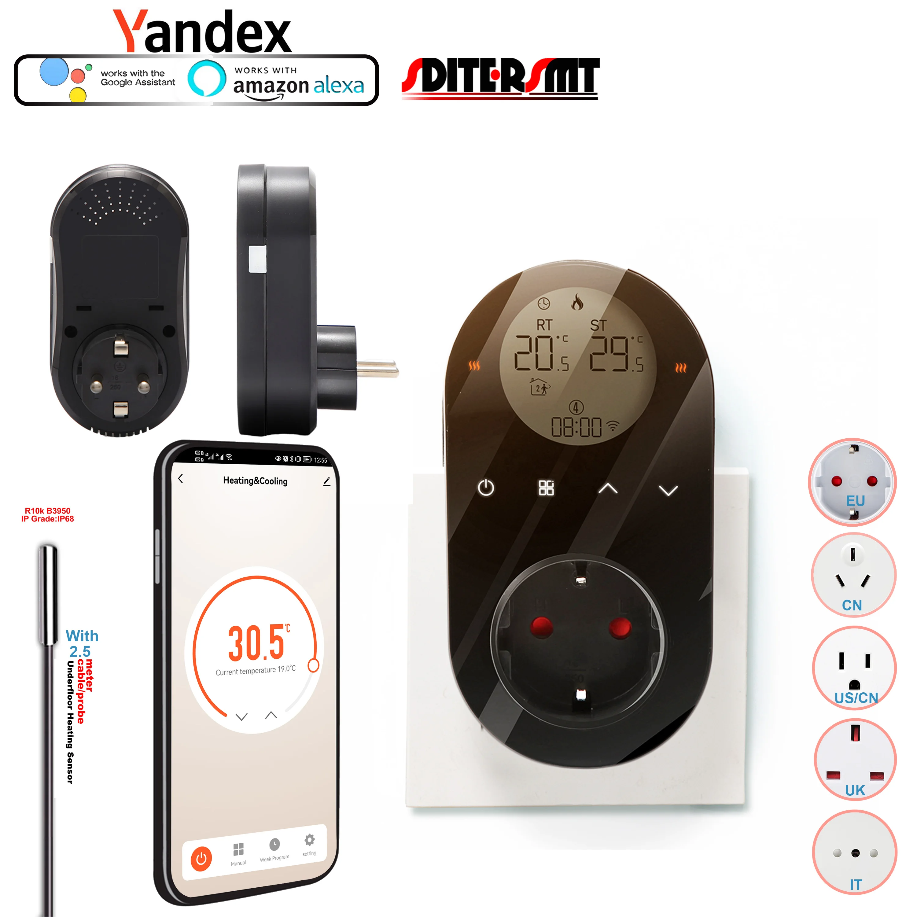 Plug-In ชั้นเครื่องทำความร้อน Dual Sensor WIFI Digital LED/LCD °C/°F สวิทช์รายสัปดาห์ EU,UK,CN,US,FR,ซ็อกเก็ต