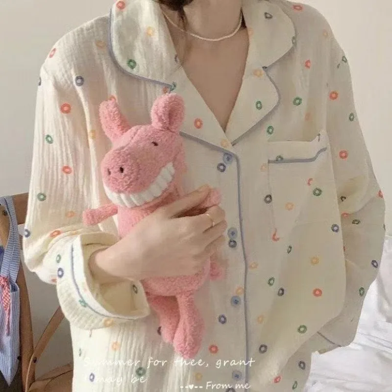 Bubble Cotton Pajamas Women Spring Autumn Girls Cartoon Little Bear Long-Sleeve Long-Pants Set Loose Homewear Students Cute Lady