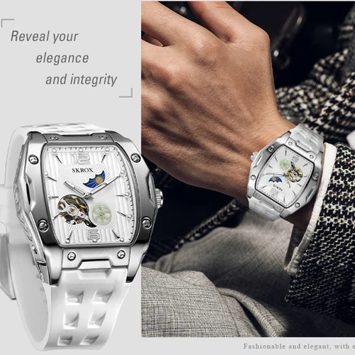 Imagen 2 del producto SKROX lujo Tonneau fase lunar Tourbillon movimiento automático mecánico de alta calidad relojes para hombres impermeable silicona militar
