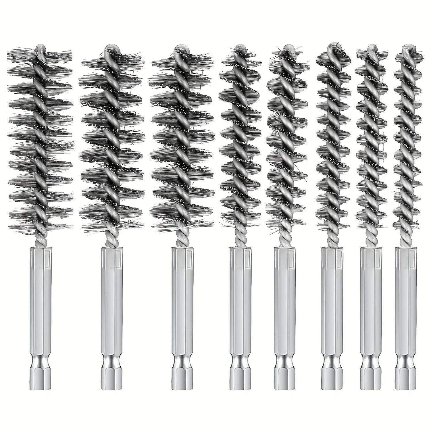 Pack of 8 Wire Brush Drill with 1/4 Inch Hex Shank, Boiler Brush, 8 Different Sizes, Wire Brush for Cleaning Drills, 10cm Long