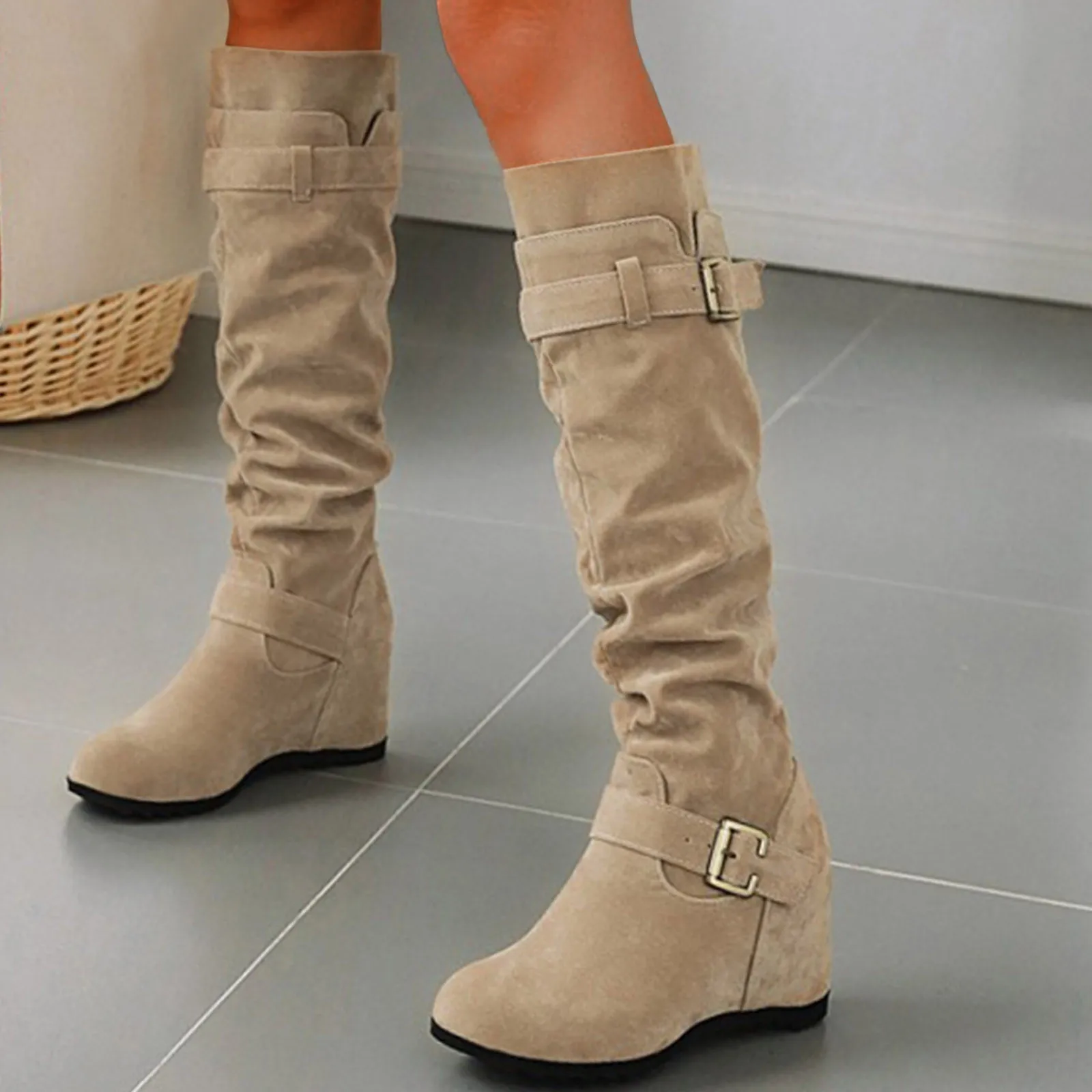 Womens Over The Knee High Boots Ladies Solid Suede Belt Buckle Wedge Heel Long Boots Shoes Over Knee Autumn Winter Long Shoes