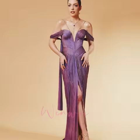 Customized Purple Prom Party Dress Evening Dress Elegant Strapless A Line Prom Dress Flowing Hand-pleated Silk