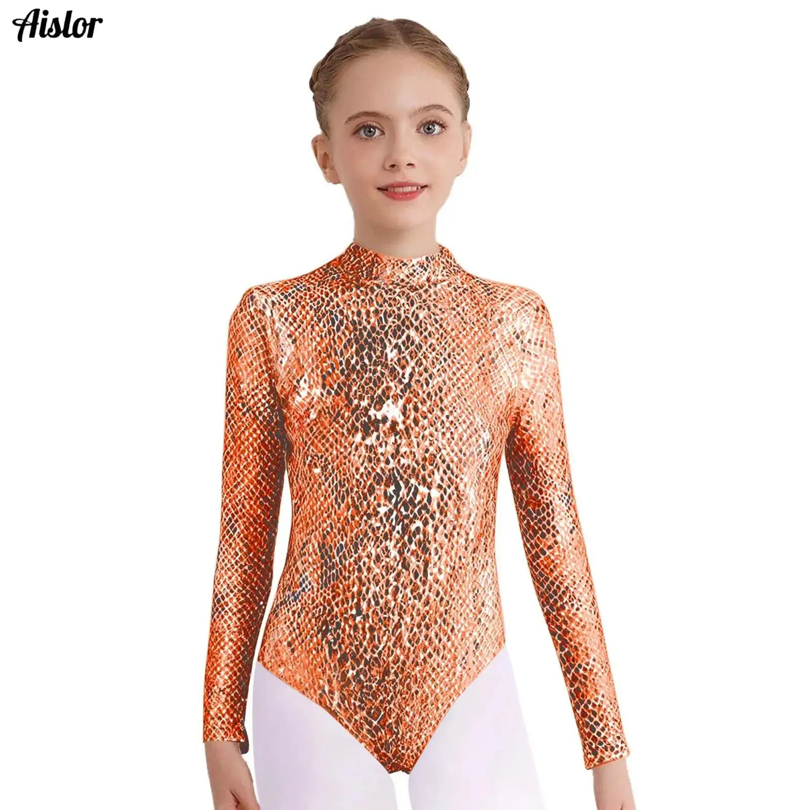 

Kids Girls Ballet Dance Bodysuit Shiny Snakeskin Pattern Long Sleeves Jumpsuit Yoga Gymnastic Workout Leotard Unitard Dancewear