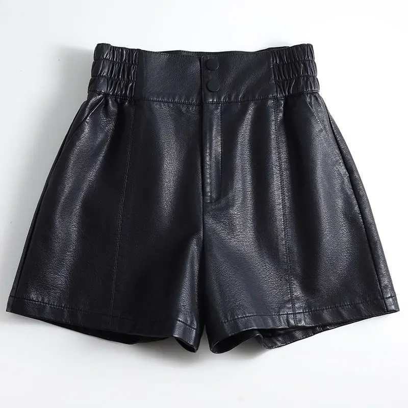 Shorts de couro PU com zíper para mulheres, ajuste solto, outerwear feminino casual, saque sexy, moda bonito, senhora do escritório, t787