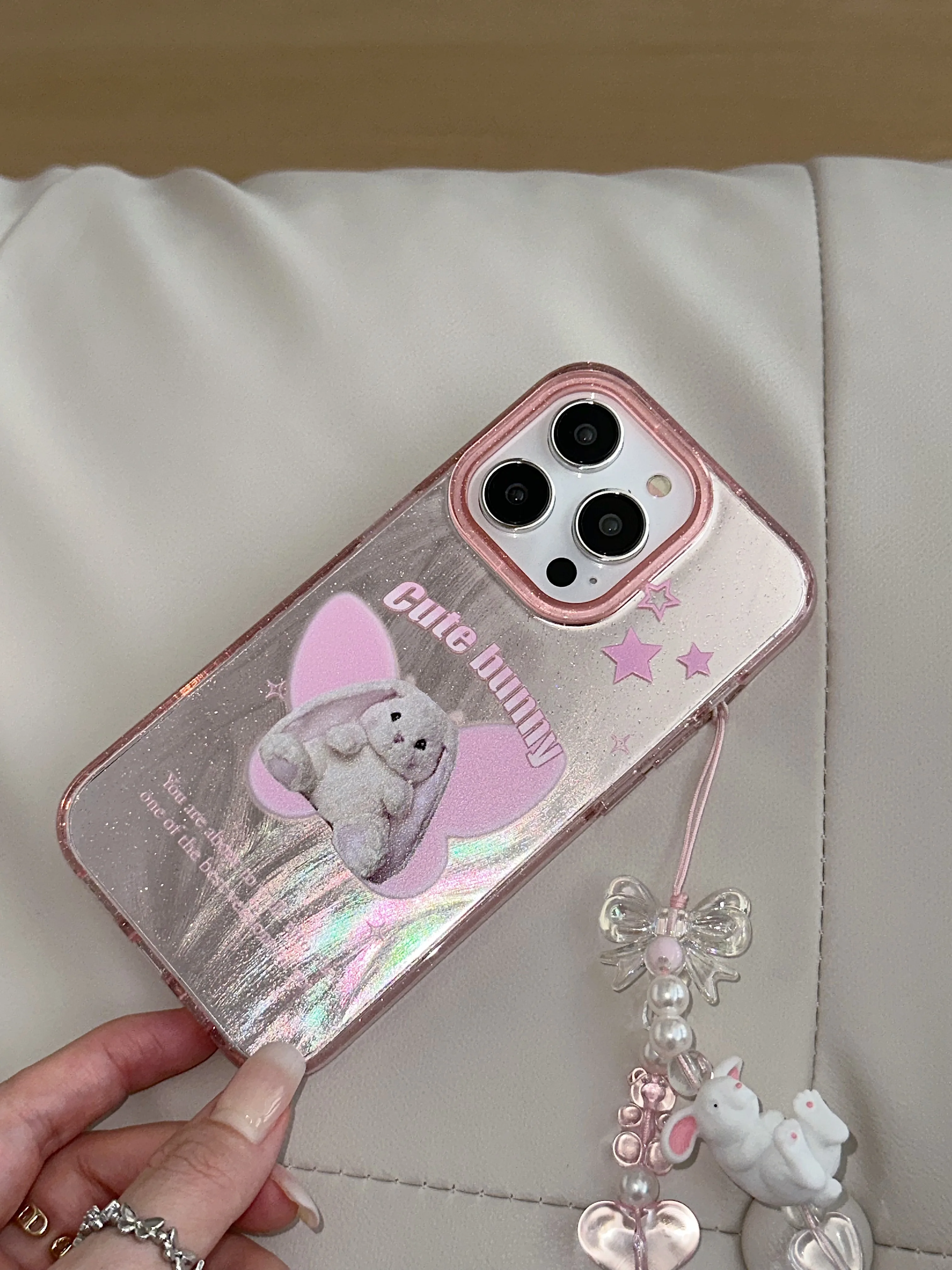 Ins Cartoon Winged Rabbit Pink Star Flash Powder Heart Bracelet Phone Case for iPhone 15 14 13 Pro Max 12 Pro Plus Back Cover image 5