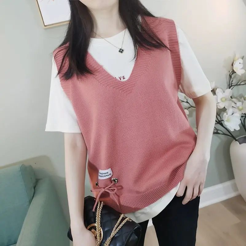 White V-neck Women's Sweater Vest Green Pink Knit Tops For Woman New In Elegant Hot Offers Modern Autumn Winter 2024 Aesthetic