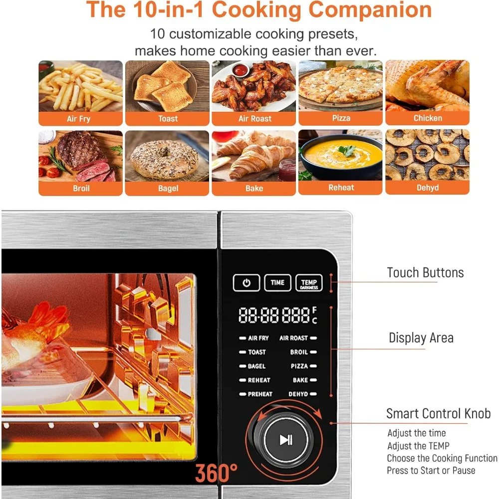 Air Fryer Toaster Oven Combo, 10-in-1 Toaster Ovens Countertop 1800W, 100-450°F Temperature Control