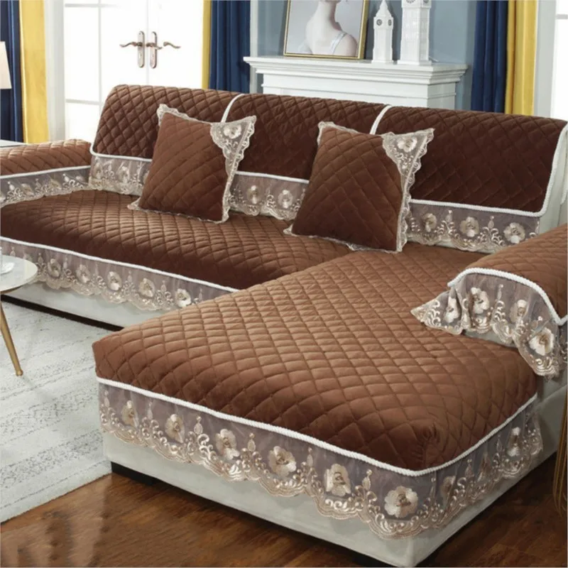 Thickened Crystal Plush Sofa Cover European Solid Color Lace Sofa Bed Cover Sofa Pillow Cover Non-slip Sofa Towel Combination